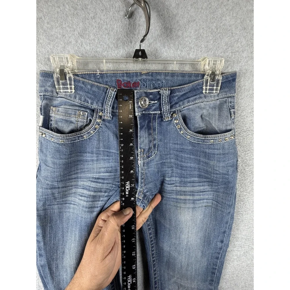 Baker Street Jeans‎ Juniors 1 Blue Bootcut Stretch Rhinestone Studded Distressed